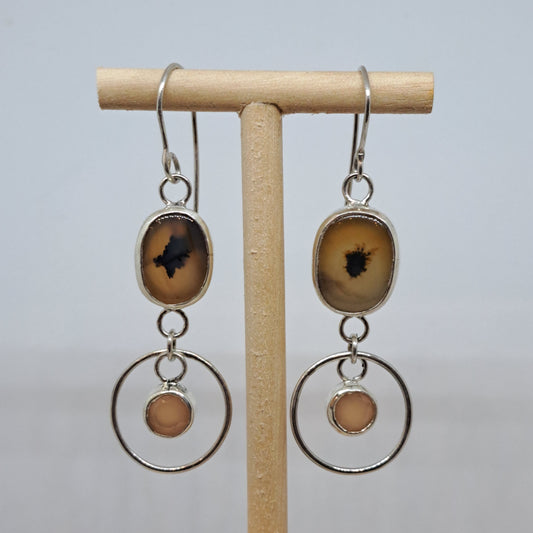 Dendritic agate and peach moonstone dangle earrings
