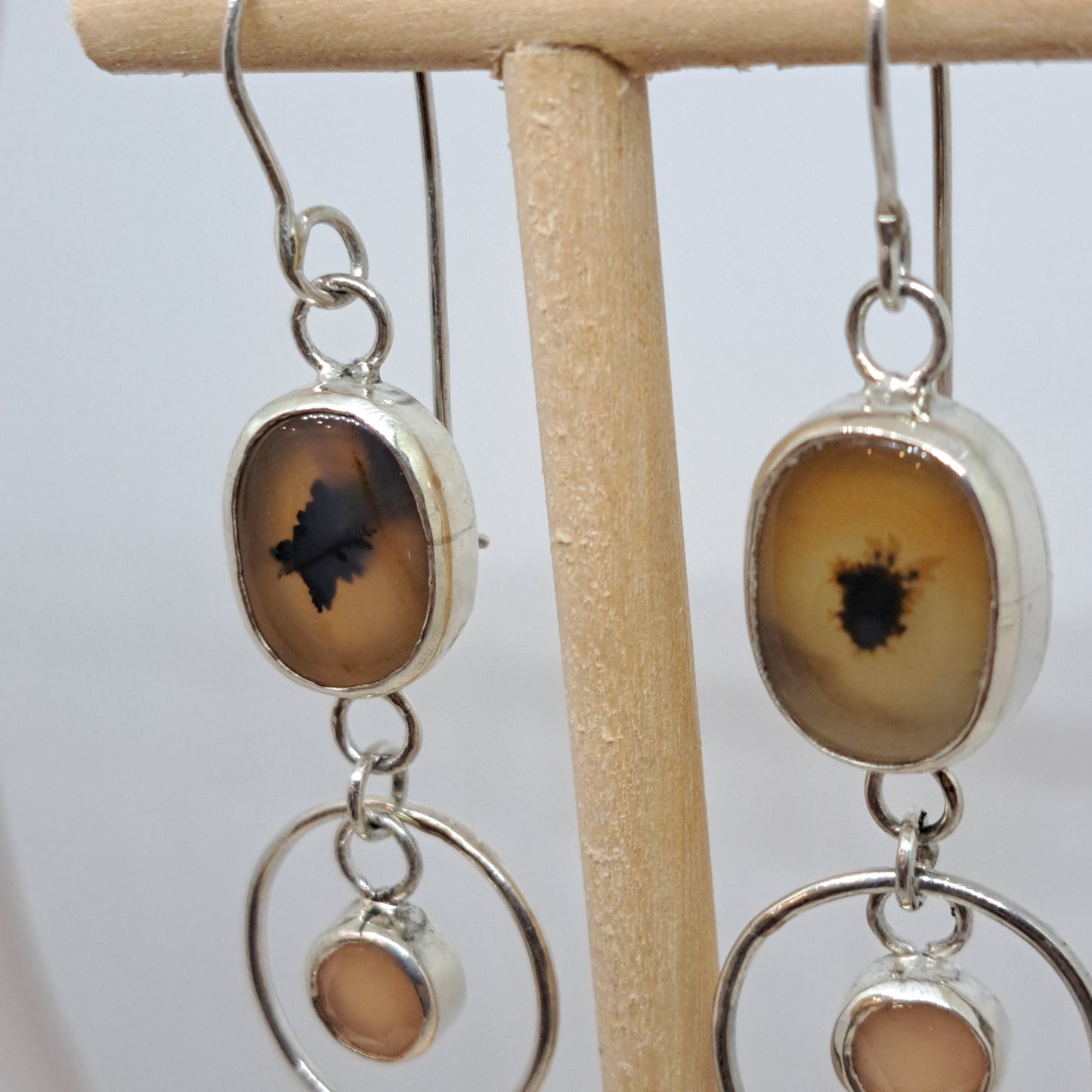 Dendritic agate and peach moonstone dangle earrings
