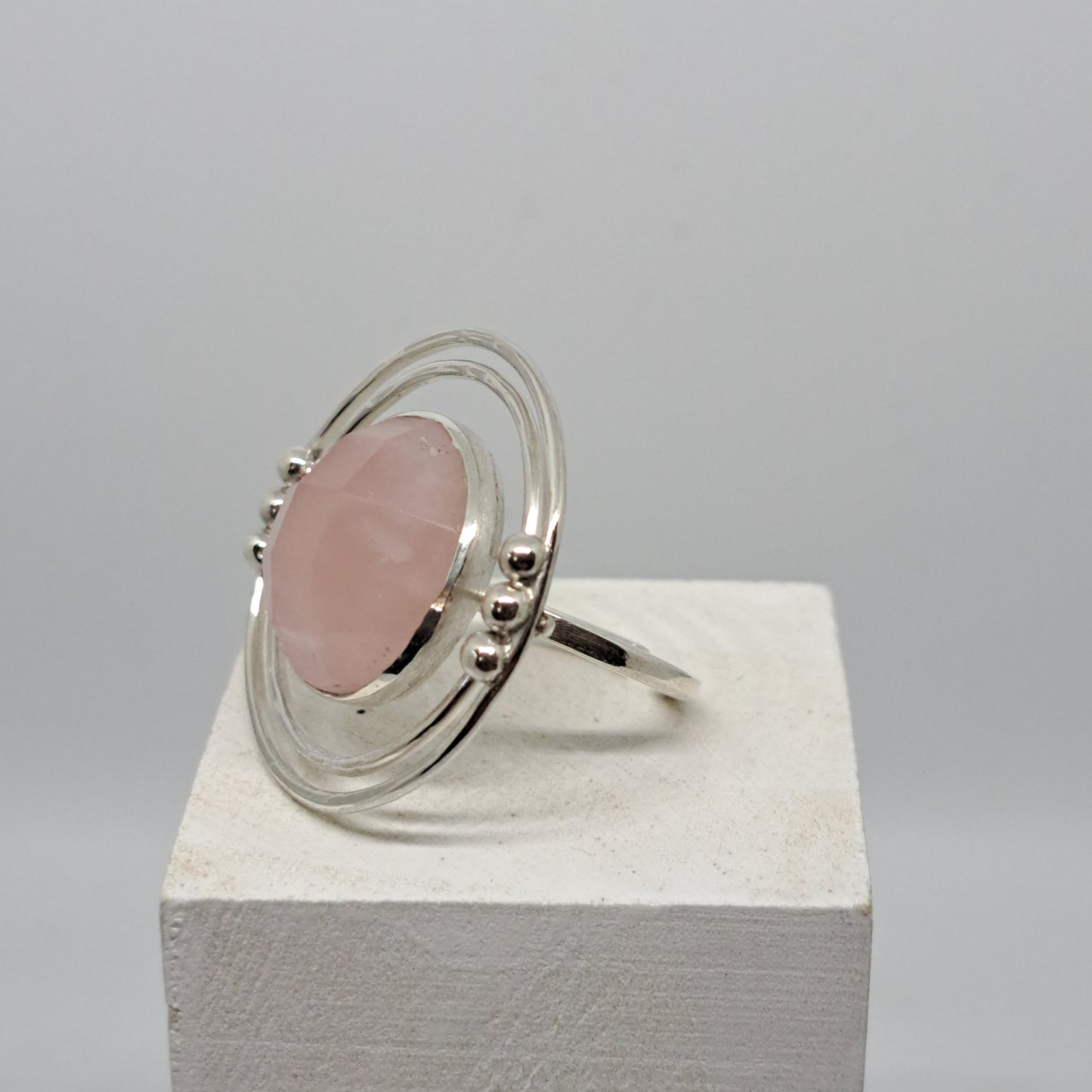 Rose quartz halo ring